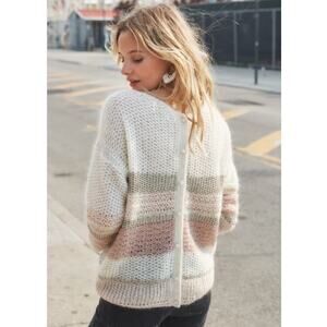 Sézane Madison Striped Mohair Reversible Button-Back Ivory & Pink Sweater Small